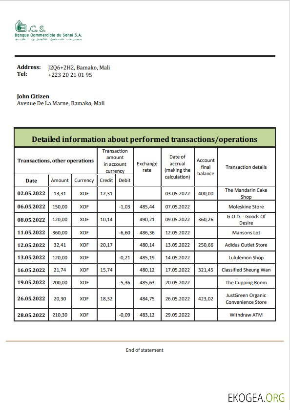 Modèle de relevé bancaire de la Banque Commerciale du Sahel du Mali au format Word et PDF, format .doc et .pdf